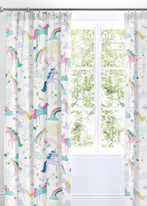 Bedlam Rainbow Unicorn White Pencil Pleat Curtains - 66W X 72D (168x183cm) Image 1