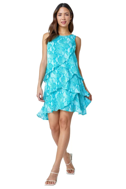 Roman Turquoise Animal Print Asymmetric Tiered Dress - Size 6 Image 1