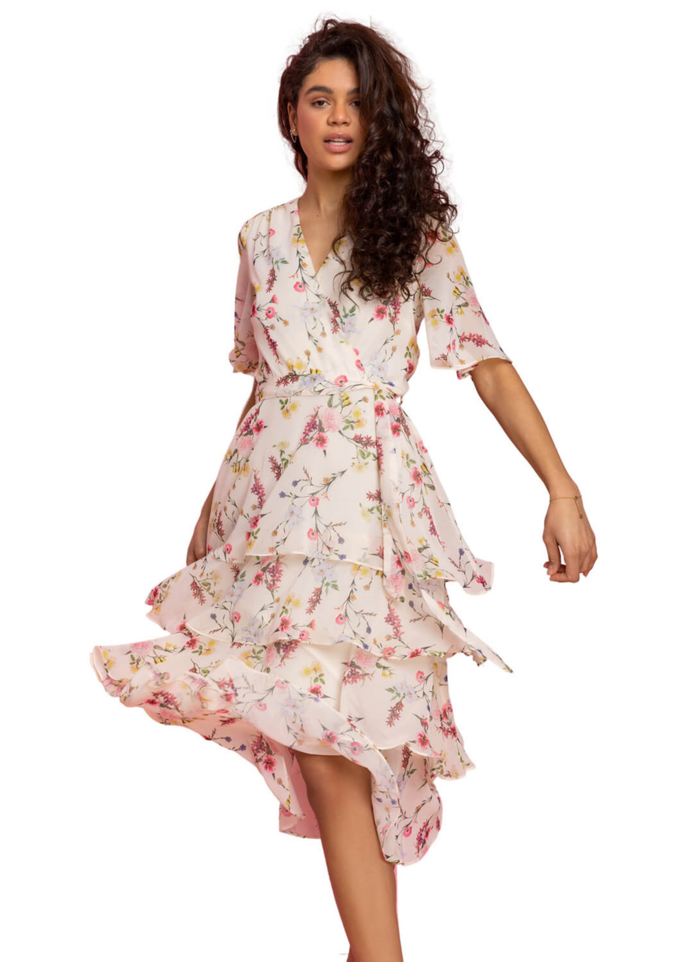 Roman Cream Floral Chiffon Frill Tiered Wrap Midi Dress - 6 Image 1