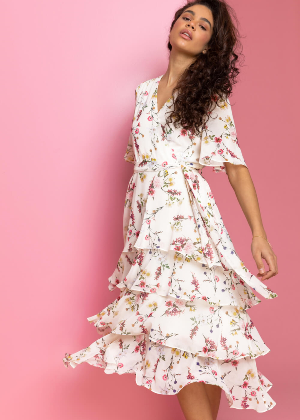 Roman Cream Floral Chiffon Frill Tiered Wrap Midi Dress - 6 Image 4