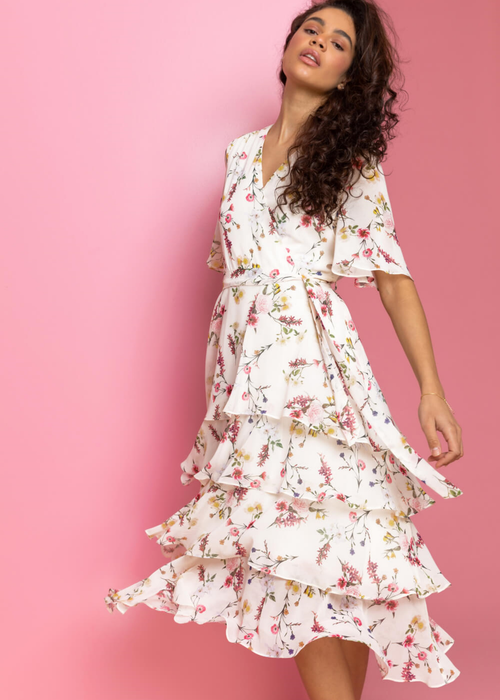 Roman Cream Floral Chiffon Frill Tiered Wrap Midi Dress - 6 Image 4
