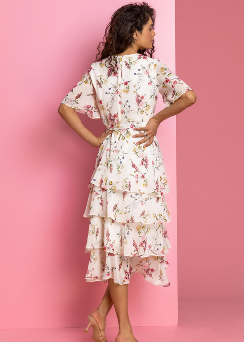 Roman Cream Floral Chiffon Frill Tiered Wrap Midi Dress - 6 Image 3
