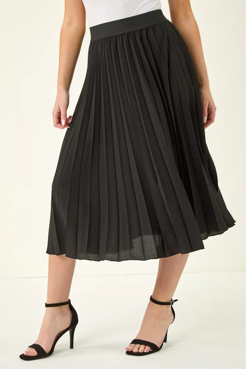 Roman Black Petite Pleated Elastic Waist Midi Skirt - 8 Image 1