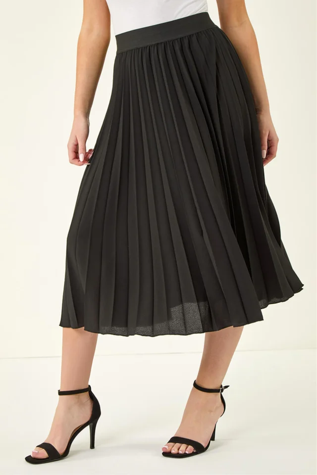 Roman Black Petite Pleated Elastic Waist Midi Skirt