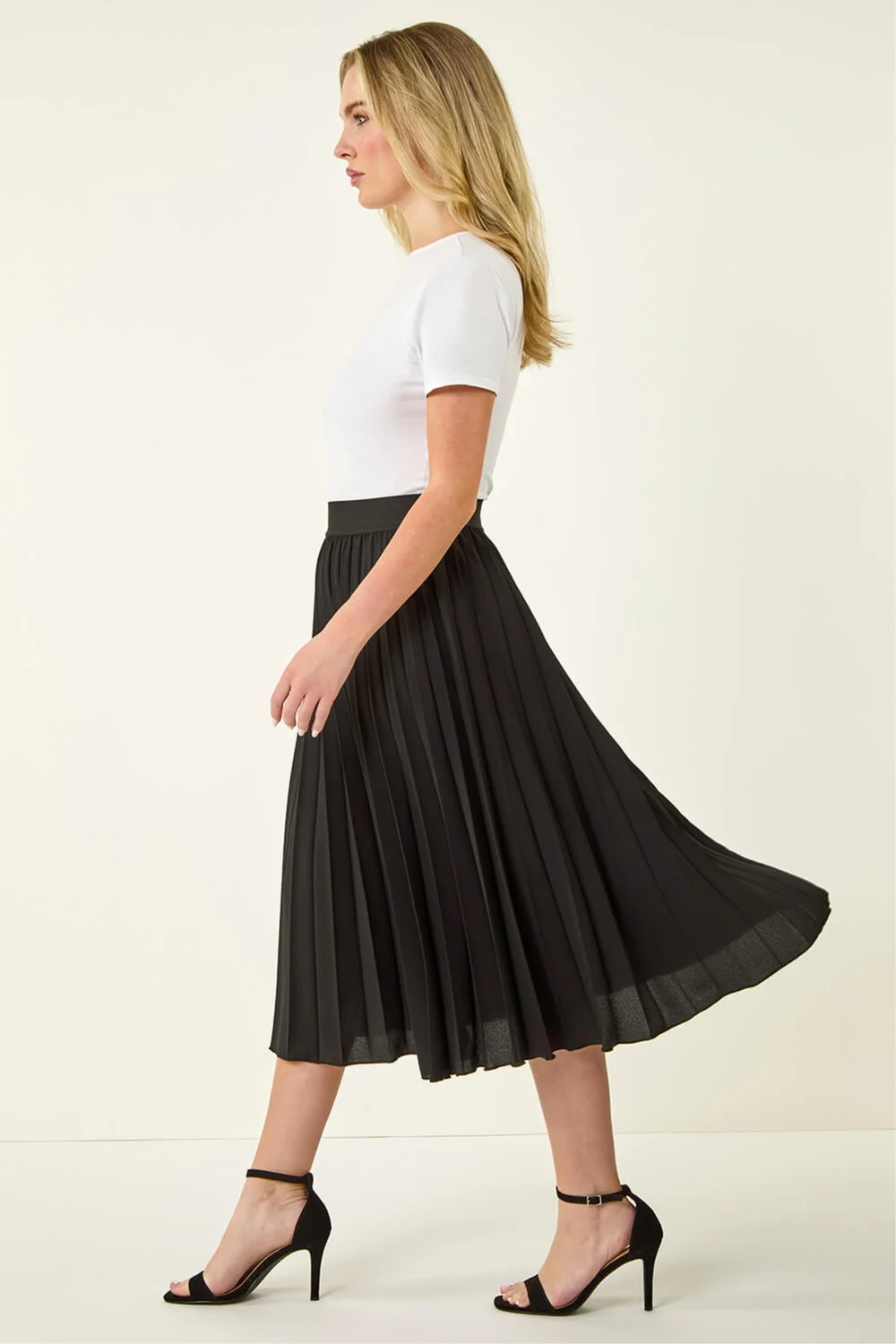 Roman Black Petite Pleated Elastic Waist Midi Skirt - 8 Image 2