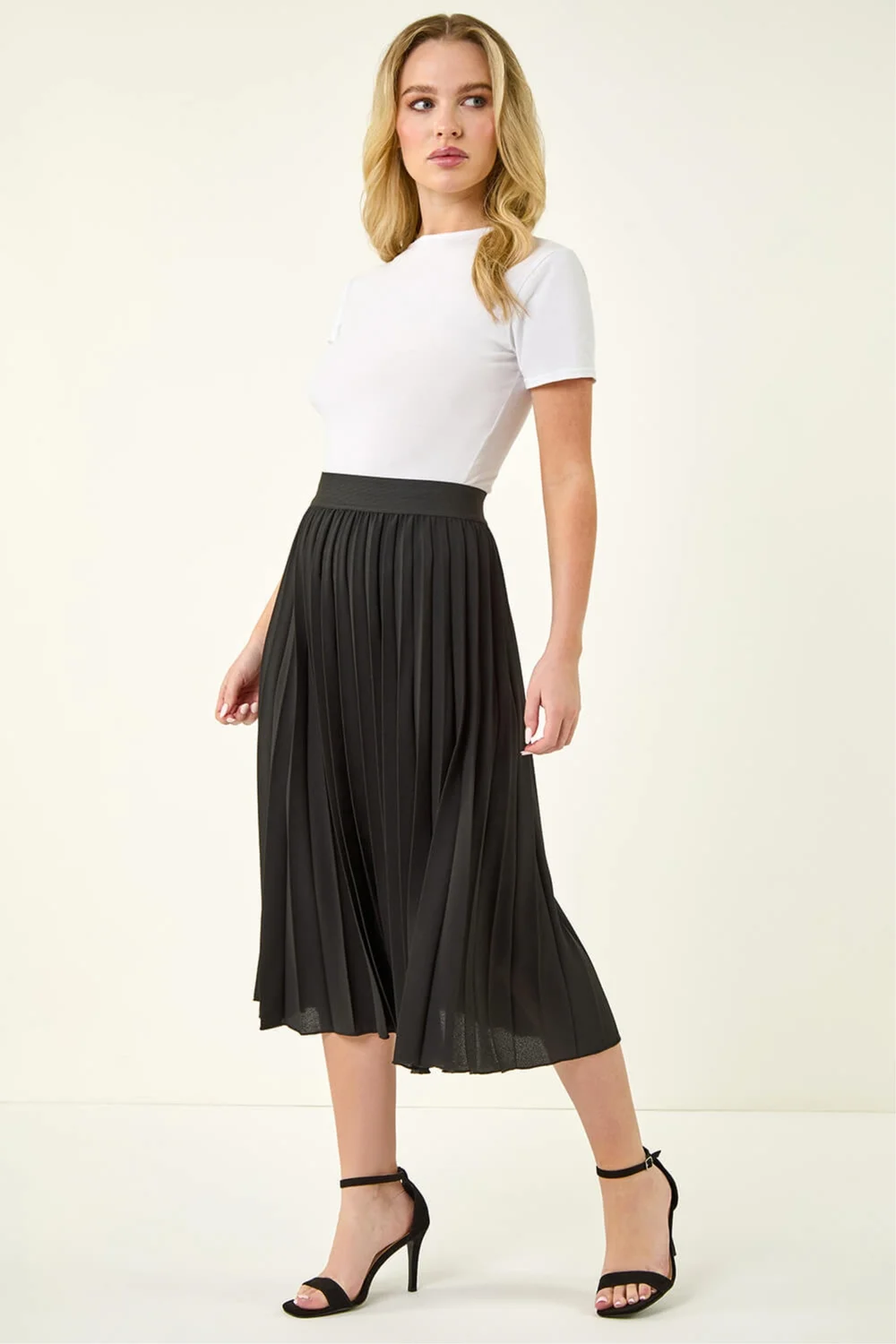Roman Black Petite Pleated Elastic Waist Midi Skirt - 8 Image 3
