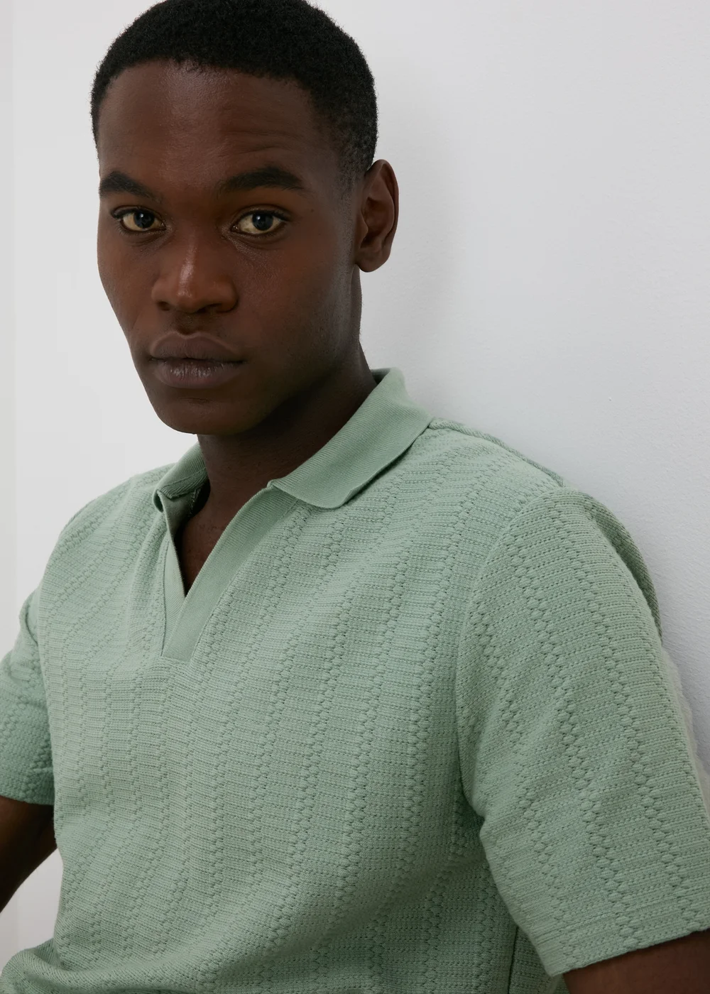 Sage Jacquard V-Neck Polo Top - S Image 3
