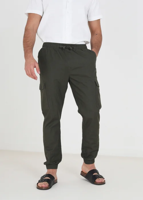 Brave Soul Khaki Cotton Linen Blend Cargo Trousers - 30/L32 Image 1