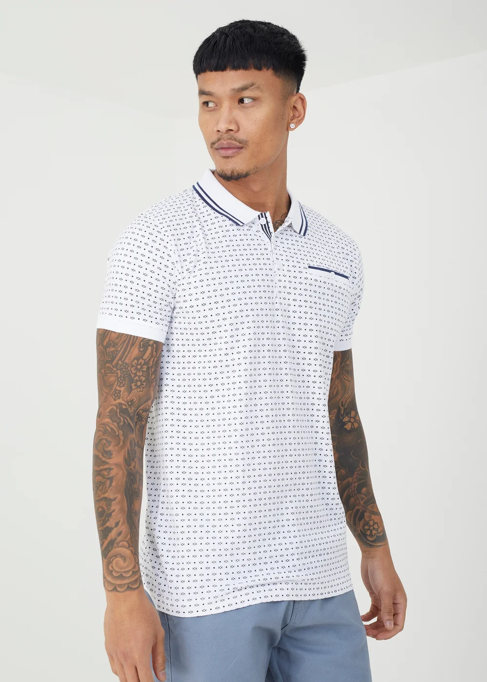 Brave Soul White Barnett Cotton Print Polo Shirt - Small Image 1