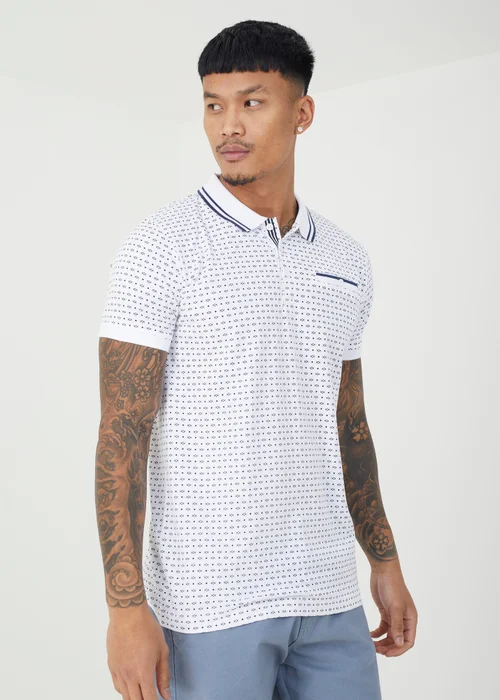 Brave Soul White Barnett Cotton Print Polo Shirt - Small Image 1