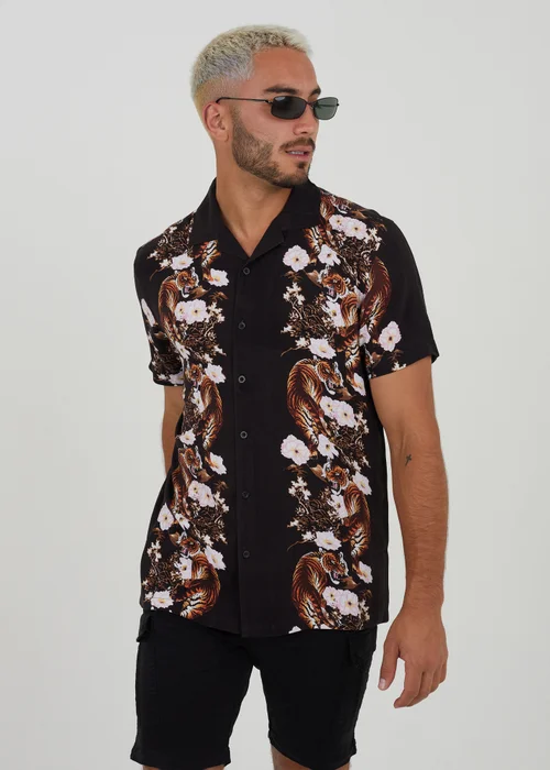 Brave Soul Black Revere Collar Print Shirt - S Image 1