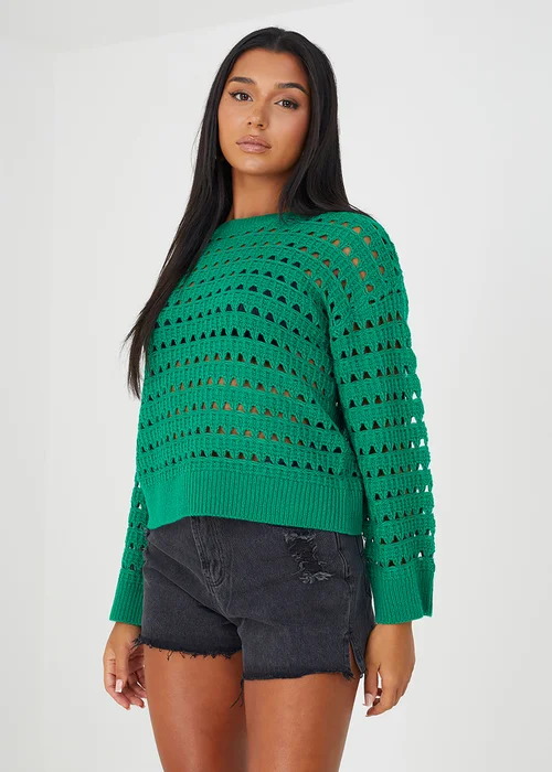 Brave Soul Green Mesh Cropped Oversized Jumper - XS Image 1