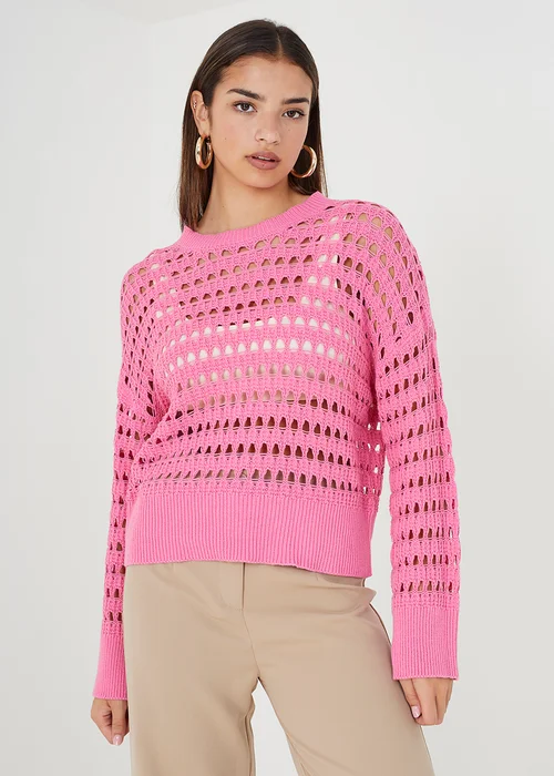 Brave Soul Pink Mesh Cropped Oversized Jumper - XS Image 1