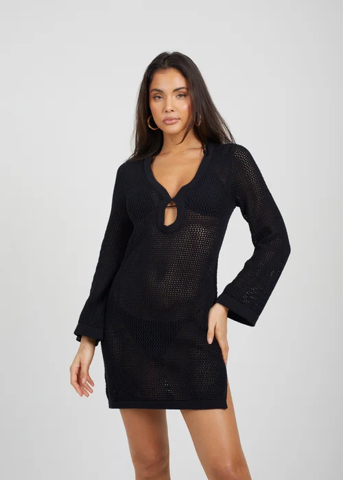 Brave Soul Black Long Sleeve Knit Mesh Dress With Eyelet Detail - XS Image 1