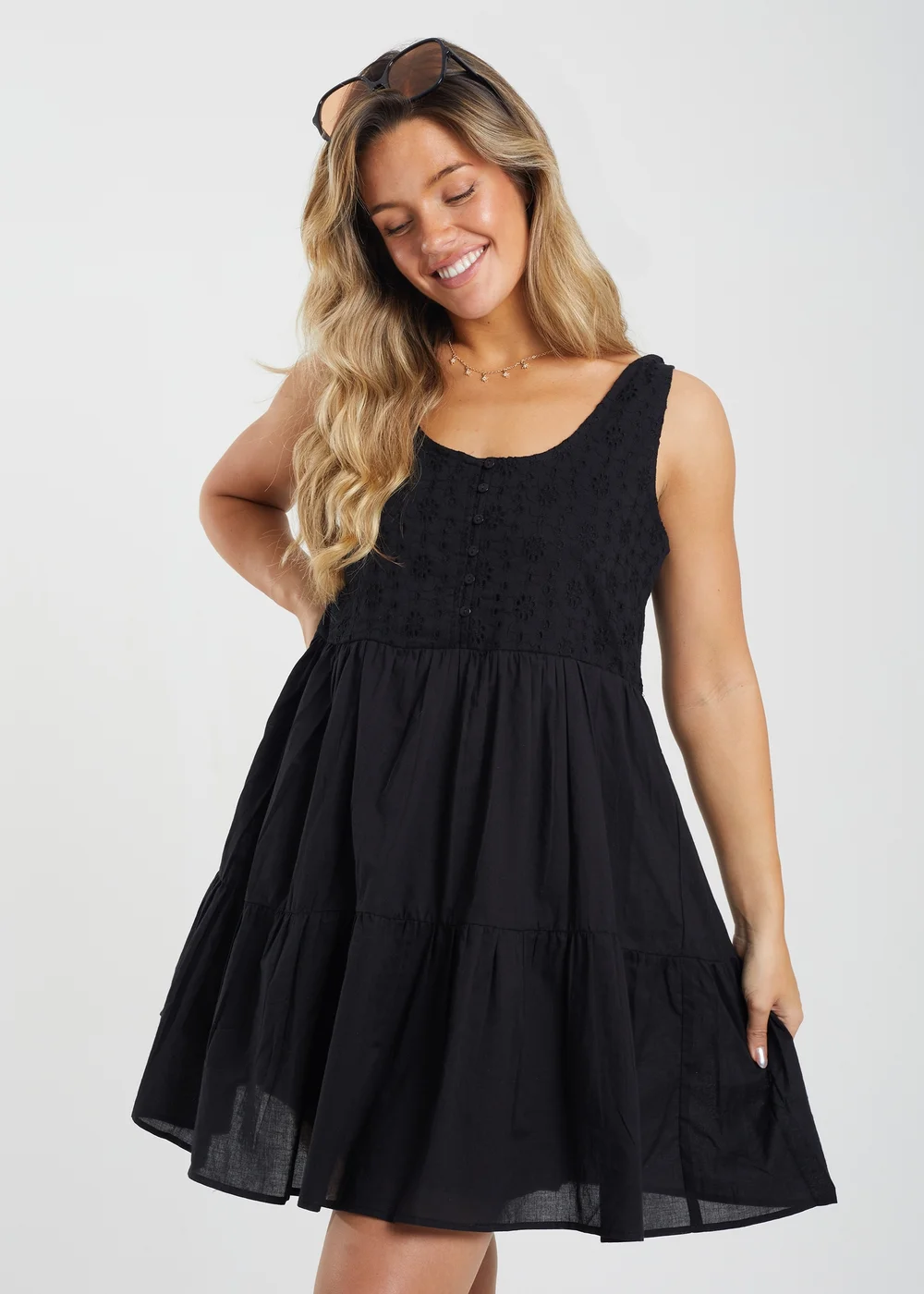 Brave Soul Black Borderie Top Tiered Smock Mini Dress - XS Image 1