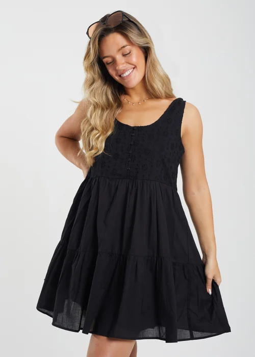 Brave Soul Black Borderie Top Tiered Smock Mini Dress - XS Image 1