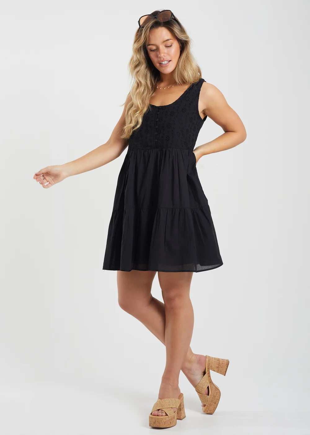 Brave Soul Black Borderie Top Tiered Smock Mini Dress - XS Image 3