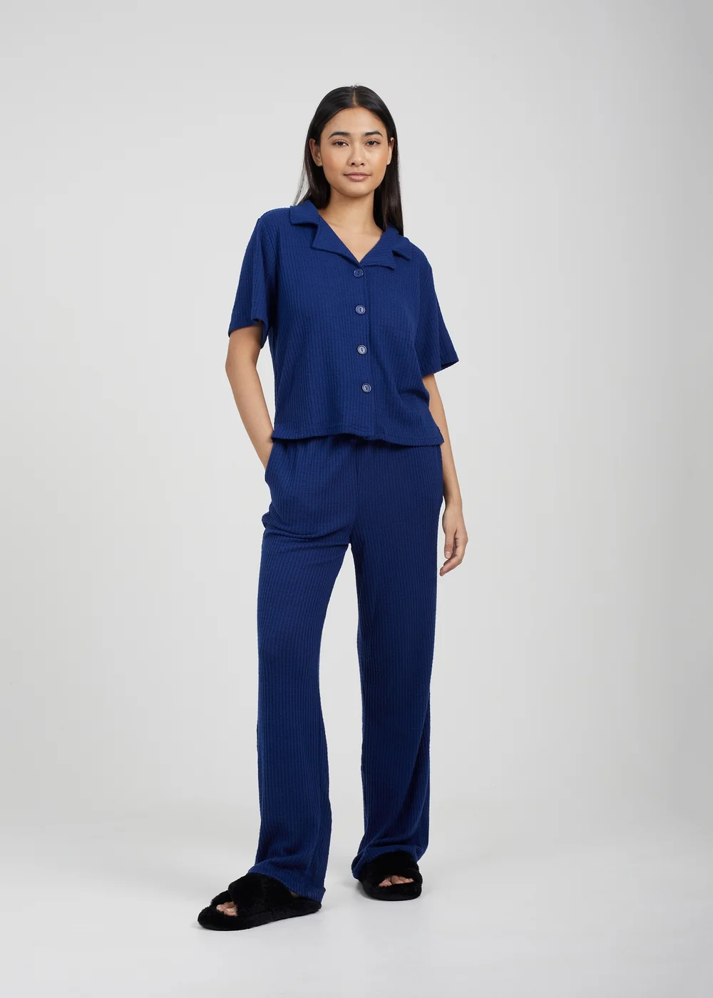 Brave Soul Navy Waffle Button Shirt & Trouser Co Ord - Extra small Image 1