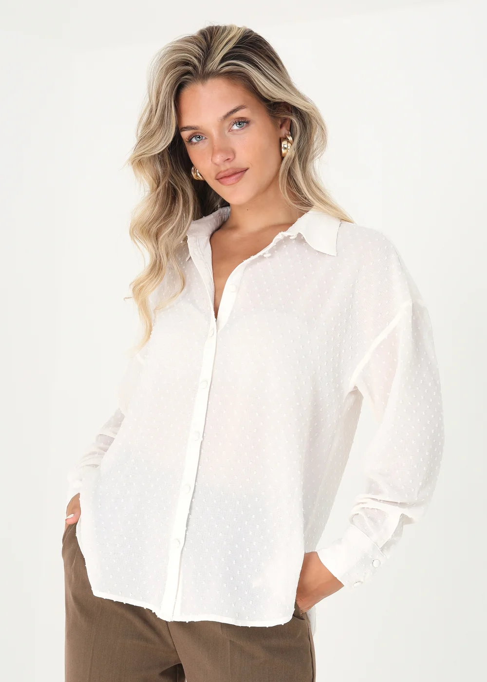 Brave Soul Cream Long Sleeve Dobby Chiffon Shirt - XS Image 1