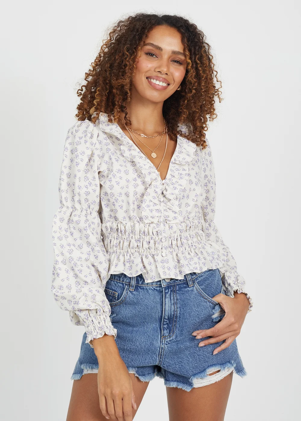 Brave Soul Purple V-Neck Frill Collar Top - Extra small Image 1