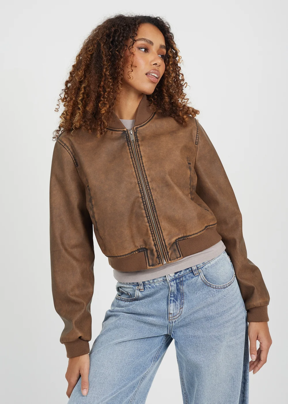 Brave Soul Brown Vintage PU Cropped Bomber Jacket - 8 Image 1