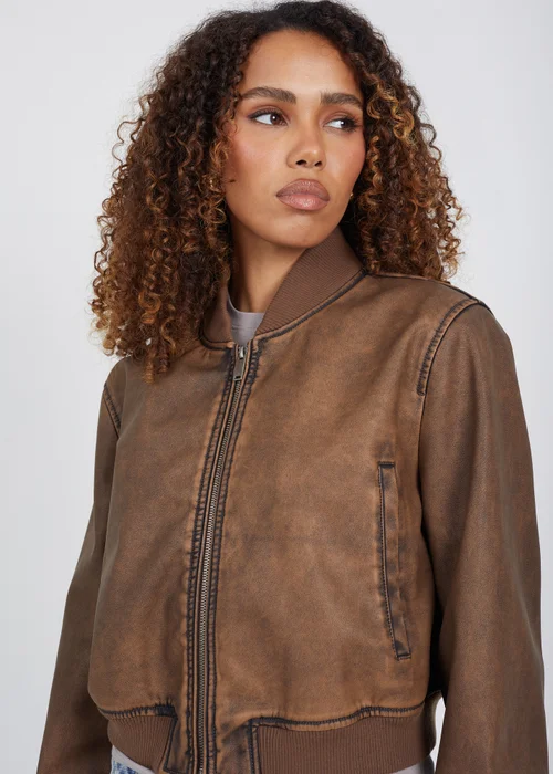 Brave Soul Brown Vintage PU Cropped Bomber Jacket - 8 Image 4
