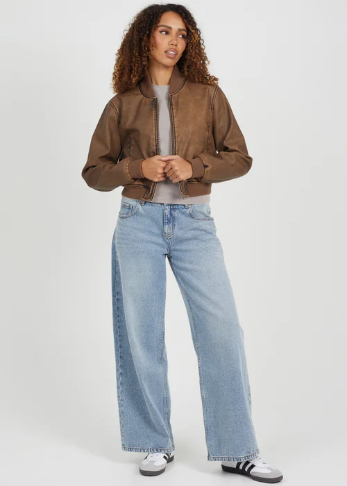 Brave Soul Brown Vintage PU Cropped Bomber Jacket - 8 Image 3