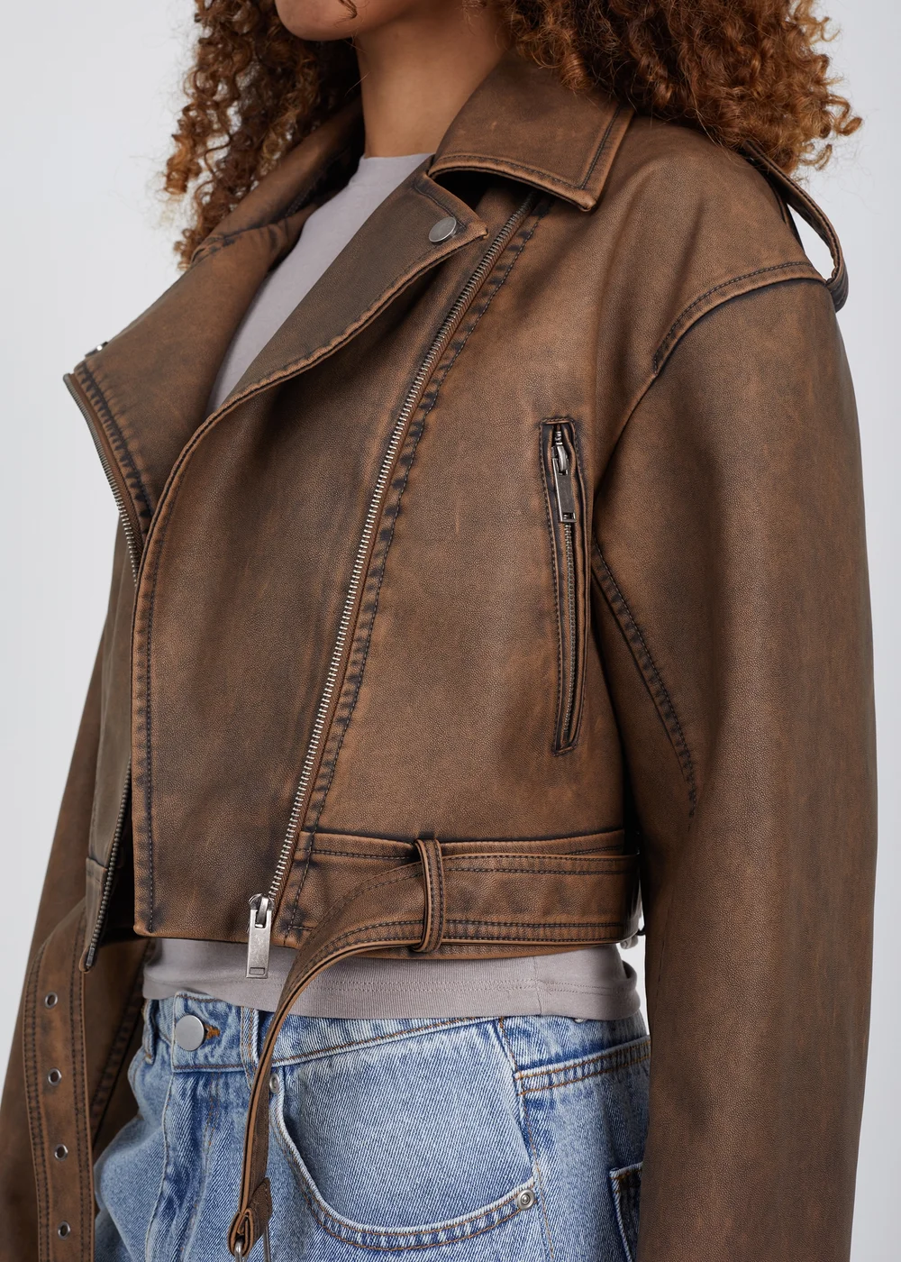 Brave Soul Brown Faux Leather Cropped Biker Jacket - 16 Image 4