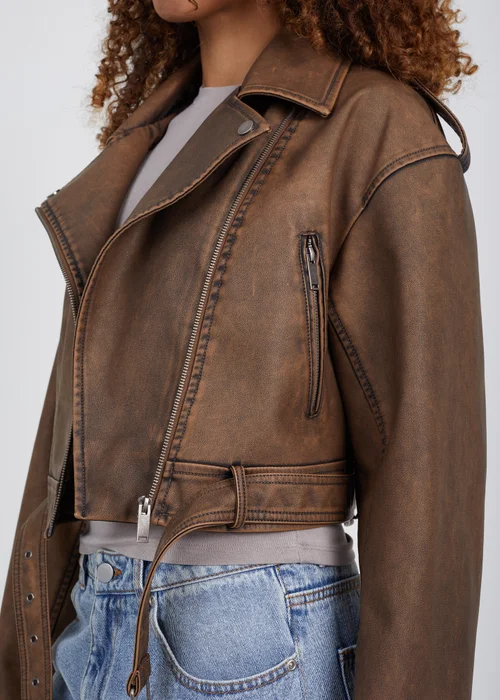 Brave Soul Brown Faux Leather Cropped Biker Jacket - 16 Image 4