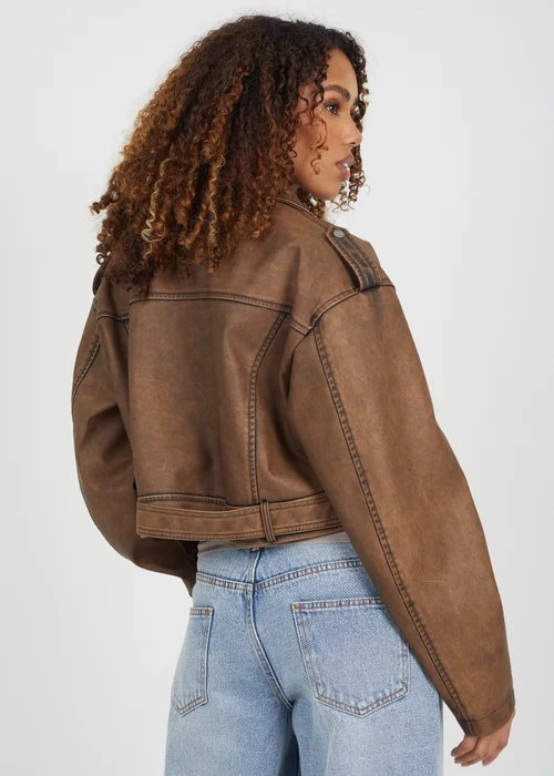 Brave Soul Brown Faux Leather Cropped Biker Jacket - 16 Image 2