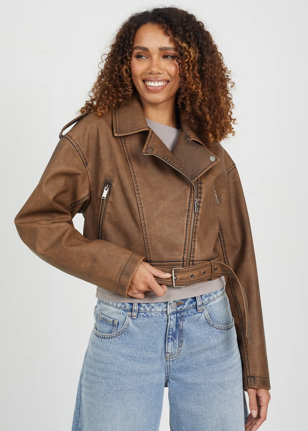 Brave Soul Brown Faux Leather Cropped Biker Jacket - 16 Image 1