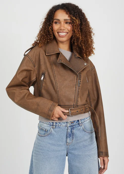 Brave Soul Brown Faux Leather Cropped Biker Jacket - 16 Image 1