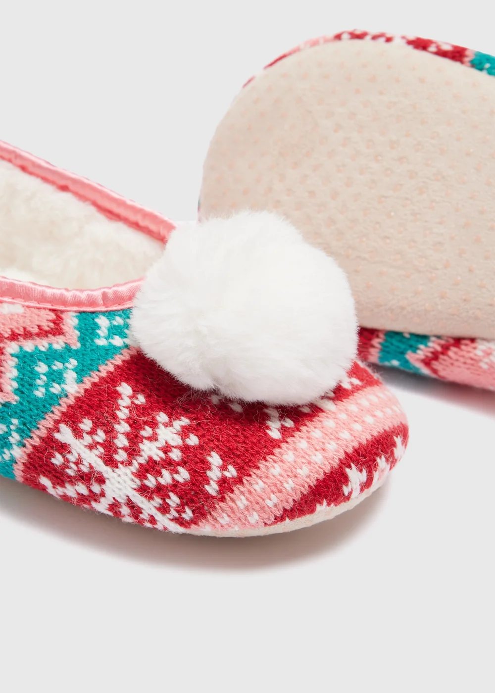 Red Fairisle Pom Slippers - Size 3 Image 2