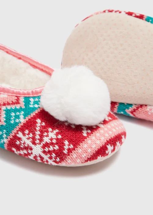 Red Fairisle Pom Slippers - Size 3 Image 2