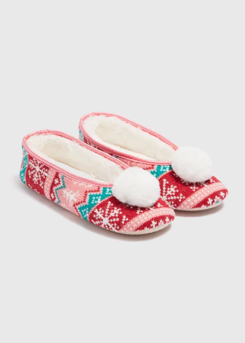 Red Fairisle Pom Slippers - Size 3 Image 1