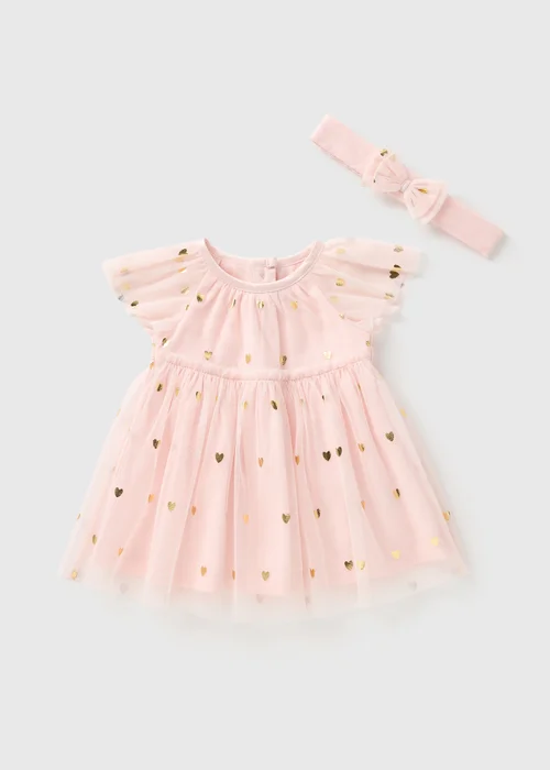 Girls Pink Mesh Foil Dress & Headband (Newborn-23mths) - 0-3 months Image 1
