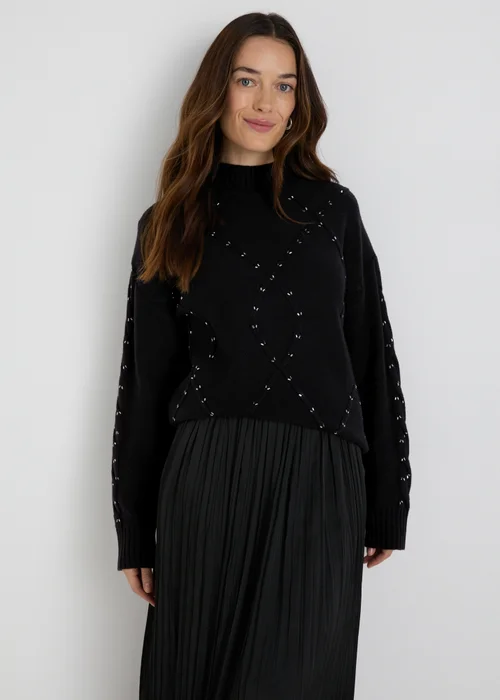 Black Embroidered Cable Knit Jumper - XS Image 3