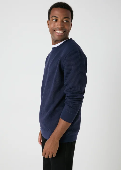 Navy Textured Crew Neck Sweatshirt - Small Image 1