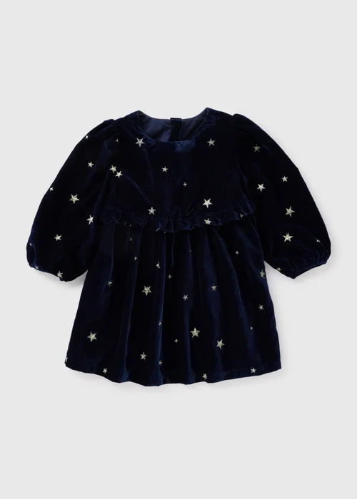 Girls Navy Velvet Star Print Dress (1-7yrs) - 1 to 1 half years Image 1