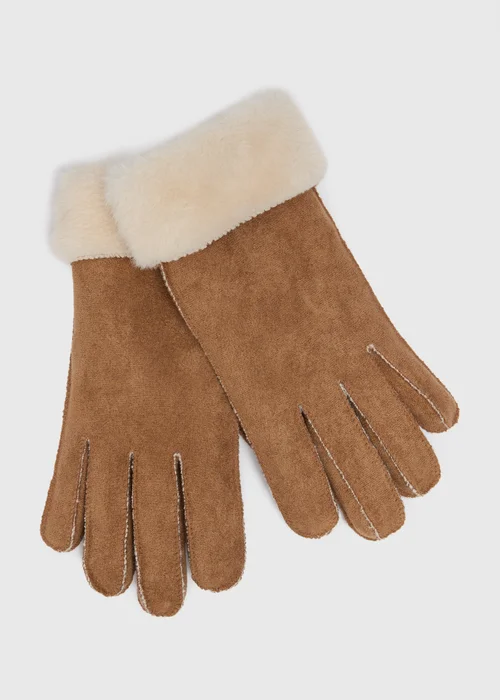Camel Faux Shearling Gloves - One Size Image 1