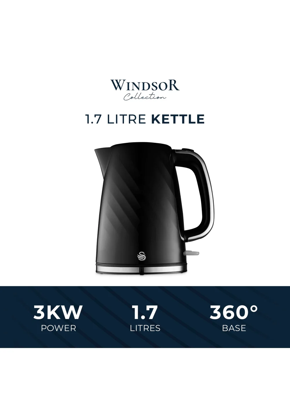 Swan Black Windsor Textured Kettle with Silver Handle (1.7L) - One Size Image 2