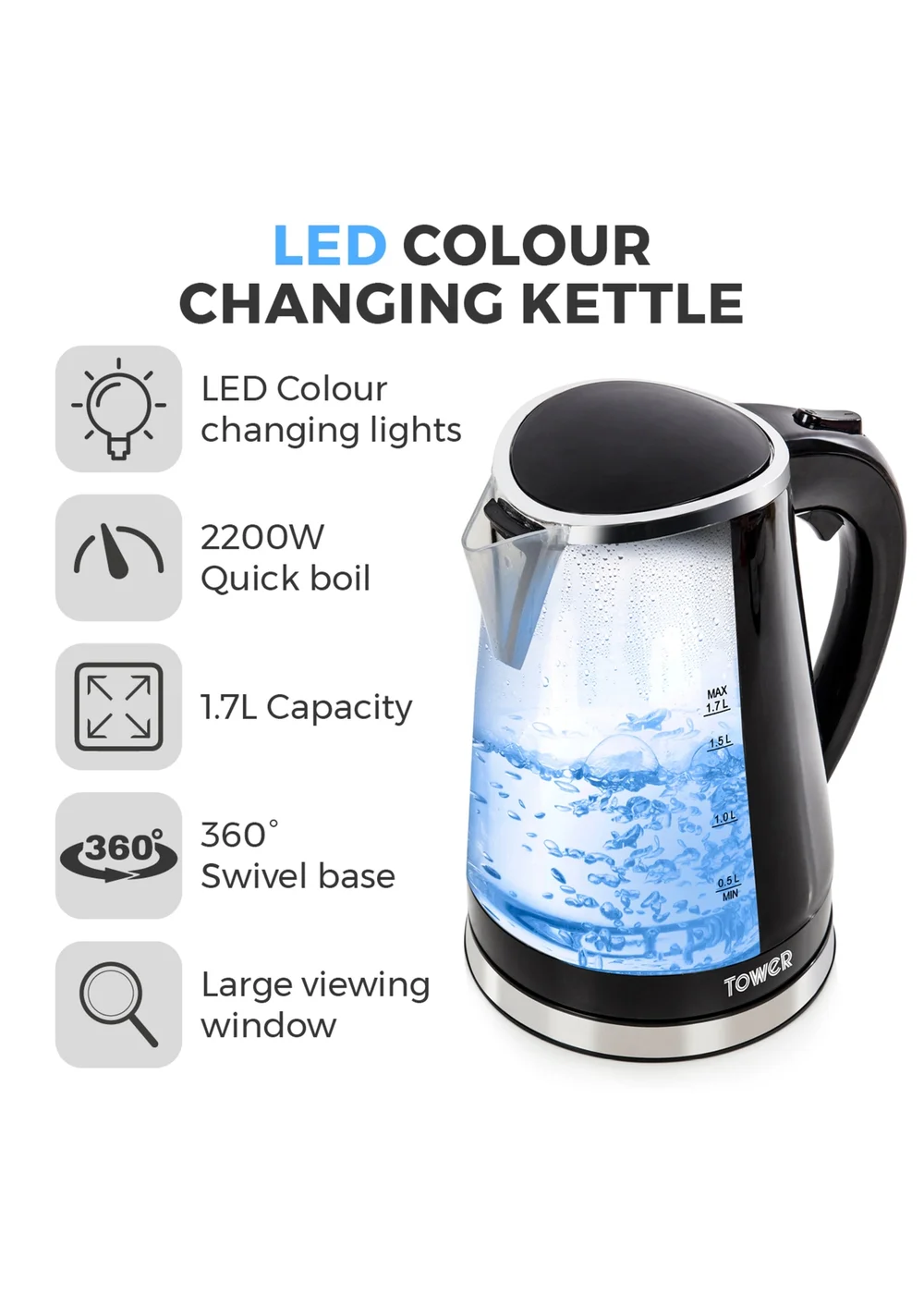 Tower LED Colour Changing Kettle - One Size Image 2