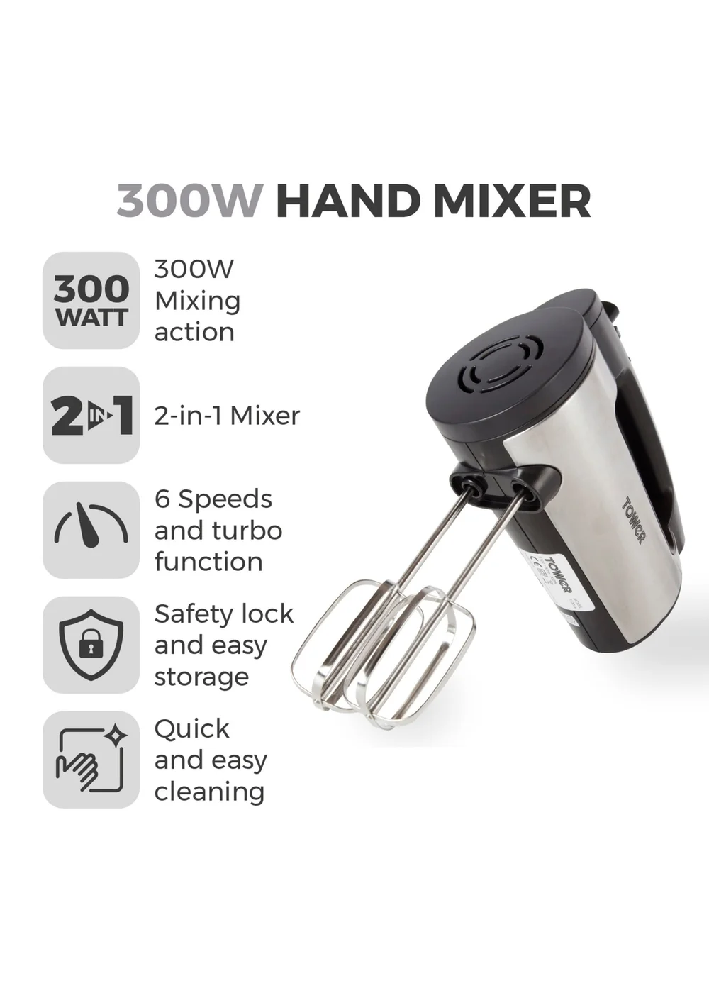 Tower 300W Stainless Steel Hand Mixer - One Size Image 2