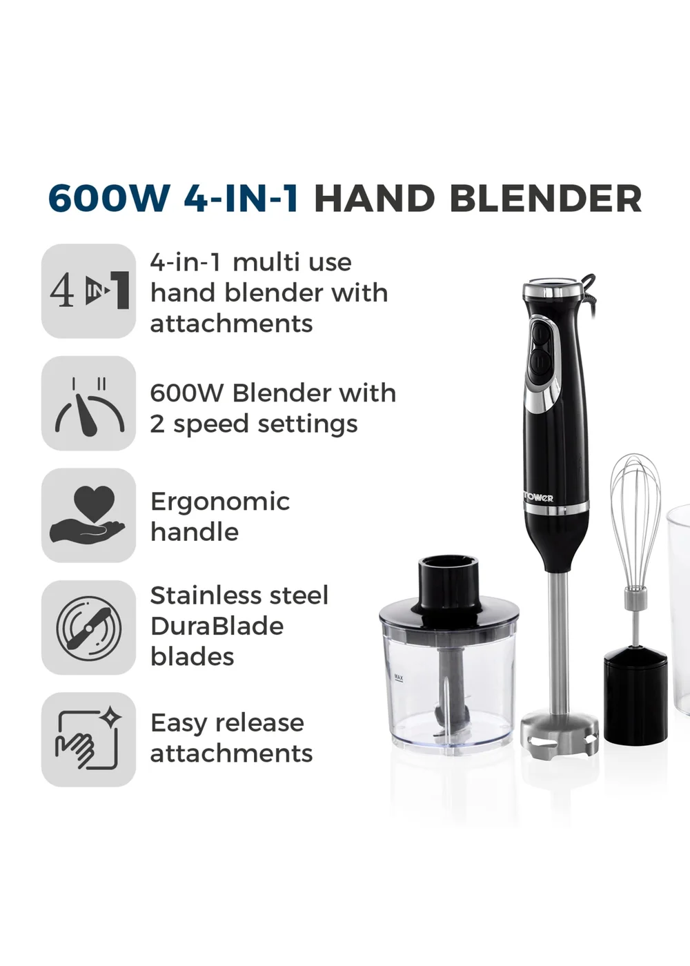Tower Black 600W 4 in 1 Hand Blender - One Size Image 3