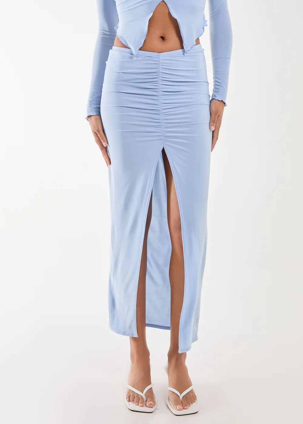 Pink Vanilla Blue Slinky Ruched Maxi Skirt - Small Image 4