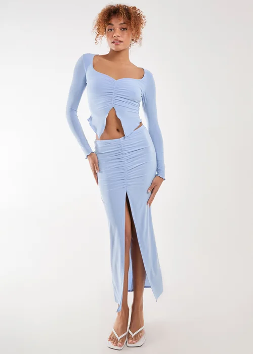 Pink Vanilla Blue Slinky Ruched Maxi Skirt - Small Image 1