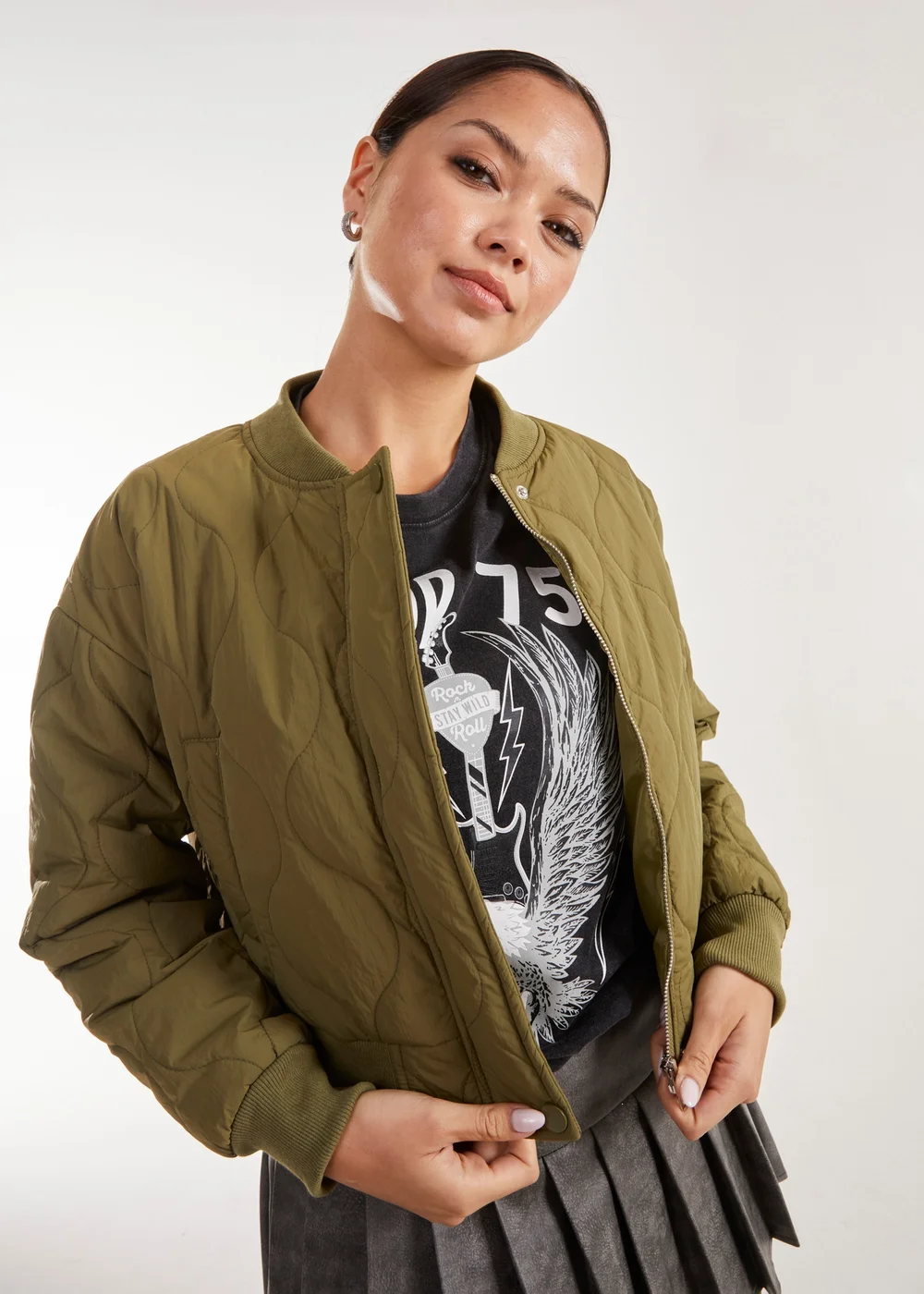 Pink Vanilla Khaki Textured Puffer Bomber Jacket - S Image 4