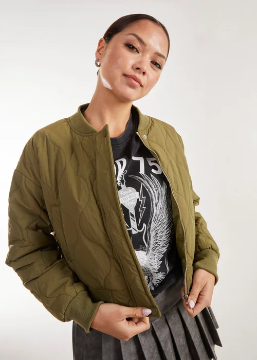 Pink Vanilla Khaki Textured Puffer Bomber Jacket - S Image 4