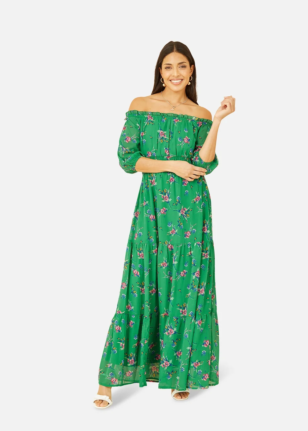 Yumi Green Floral Bardot Long Sleeve Maxi Dress - 8 Image 1