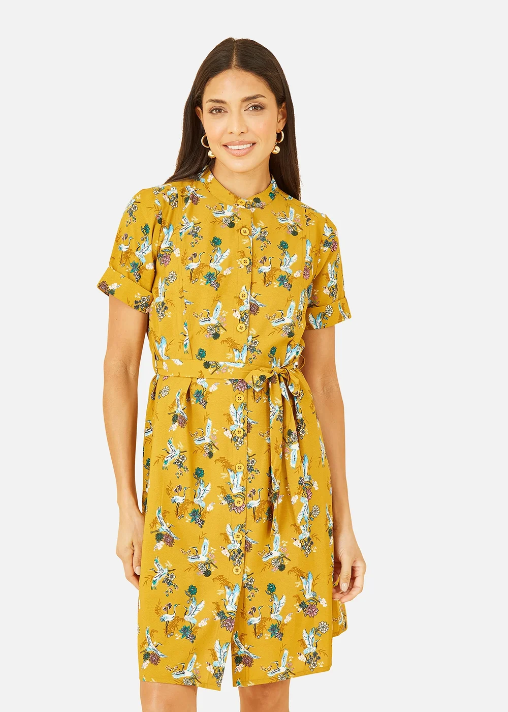 Yumi Mustard Crane Print Shirt Dress - 8 Image 2
